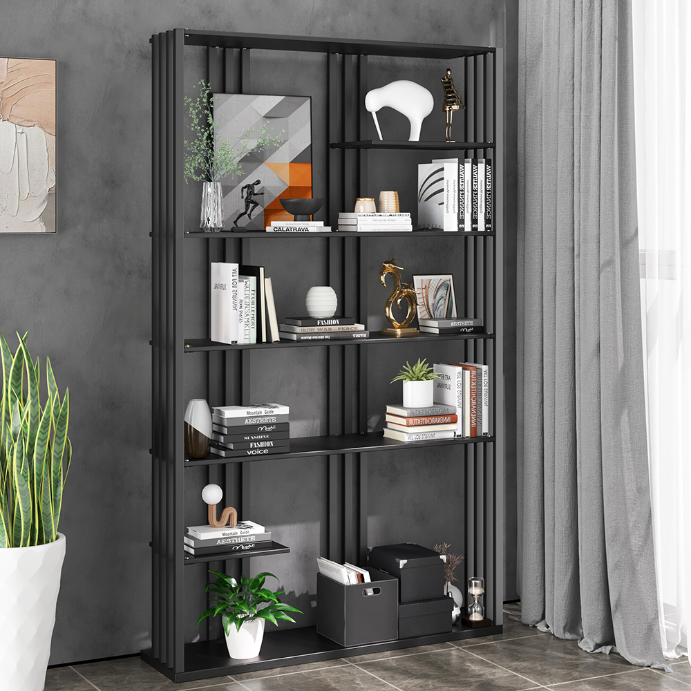 78" Modern Steel Etagere Bookshelf Display Shelving 6-Shelf In Black ... inside Modern Minimalist Black Staggered Shelves Etagere Open Shelf Metal Storage