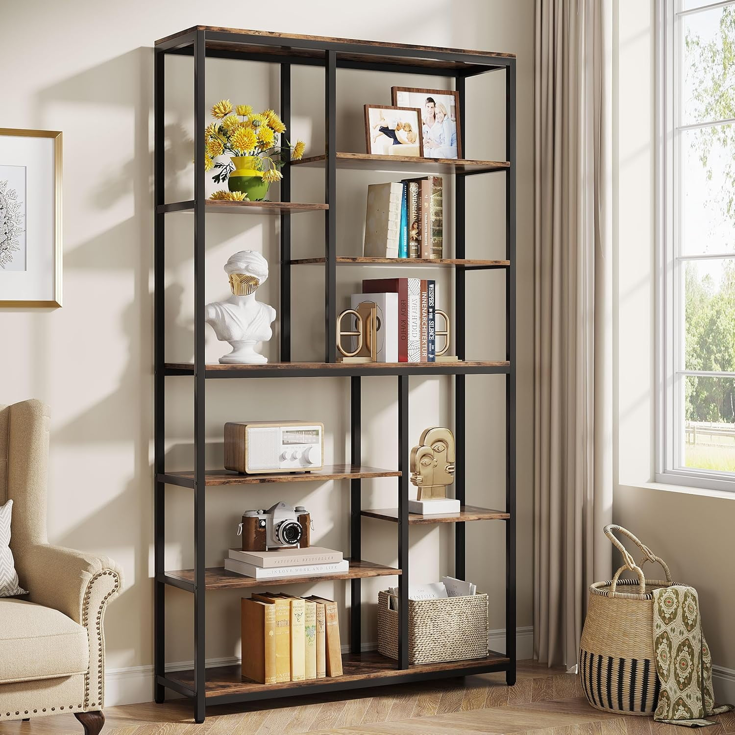 79-Inch Tall Bookshelf, Modern Industrial Staggered Bookcase With 8 ... for Maximizing vertical space with black etagere designs that blend form and function