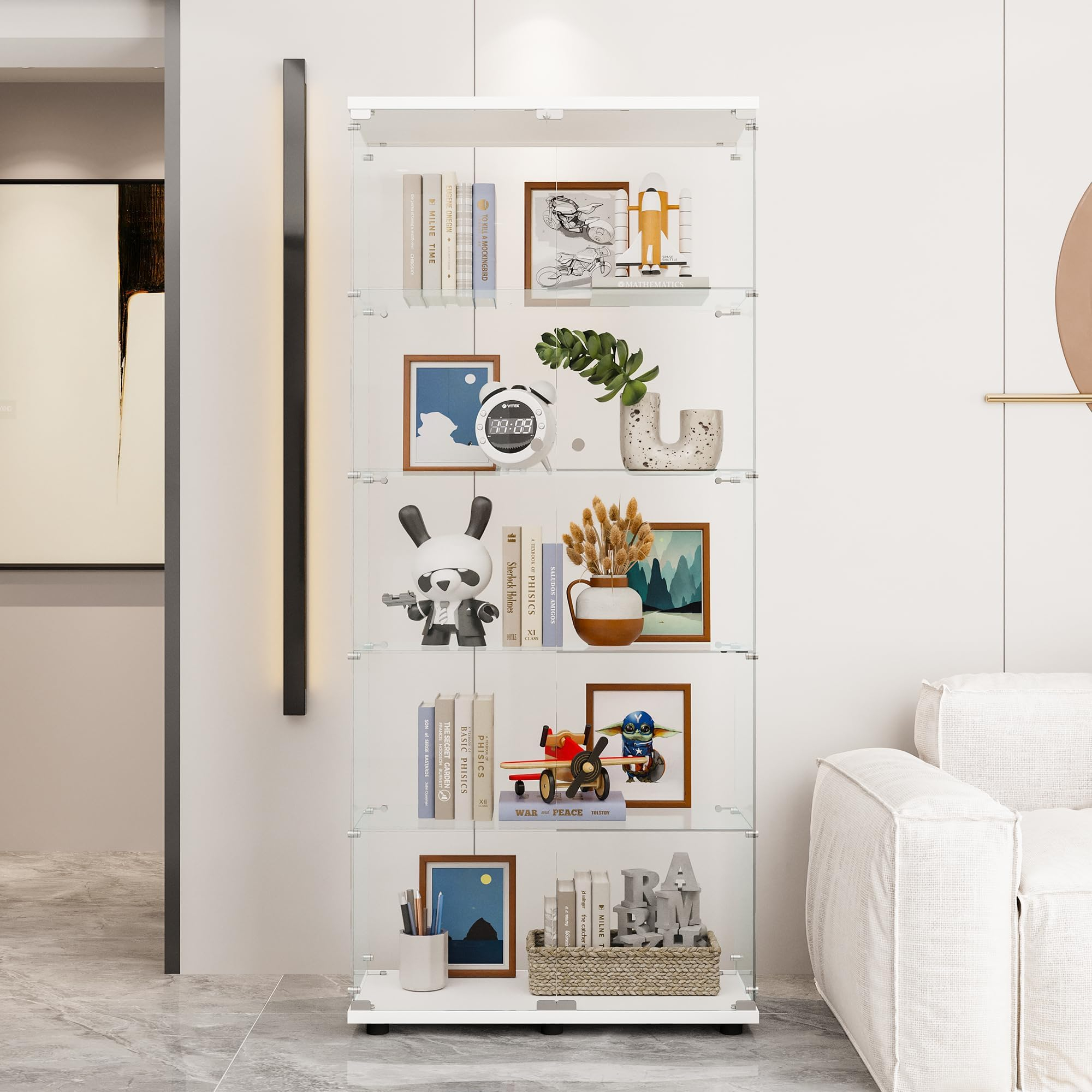 Amazon.com: Goujxcy Display Cabinet With 5 Shelves,Modern Glass Display ... within Bowery Hill 5 Shelf Contemporary Glass Wood Curio Cabinet In Black