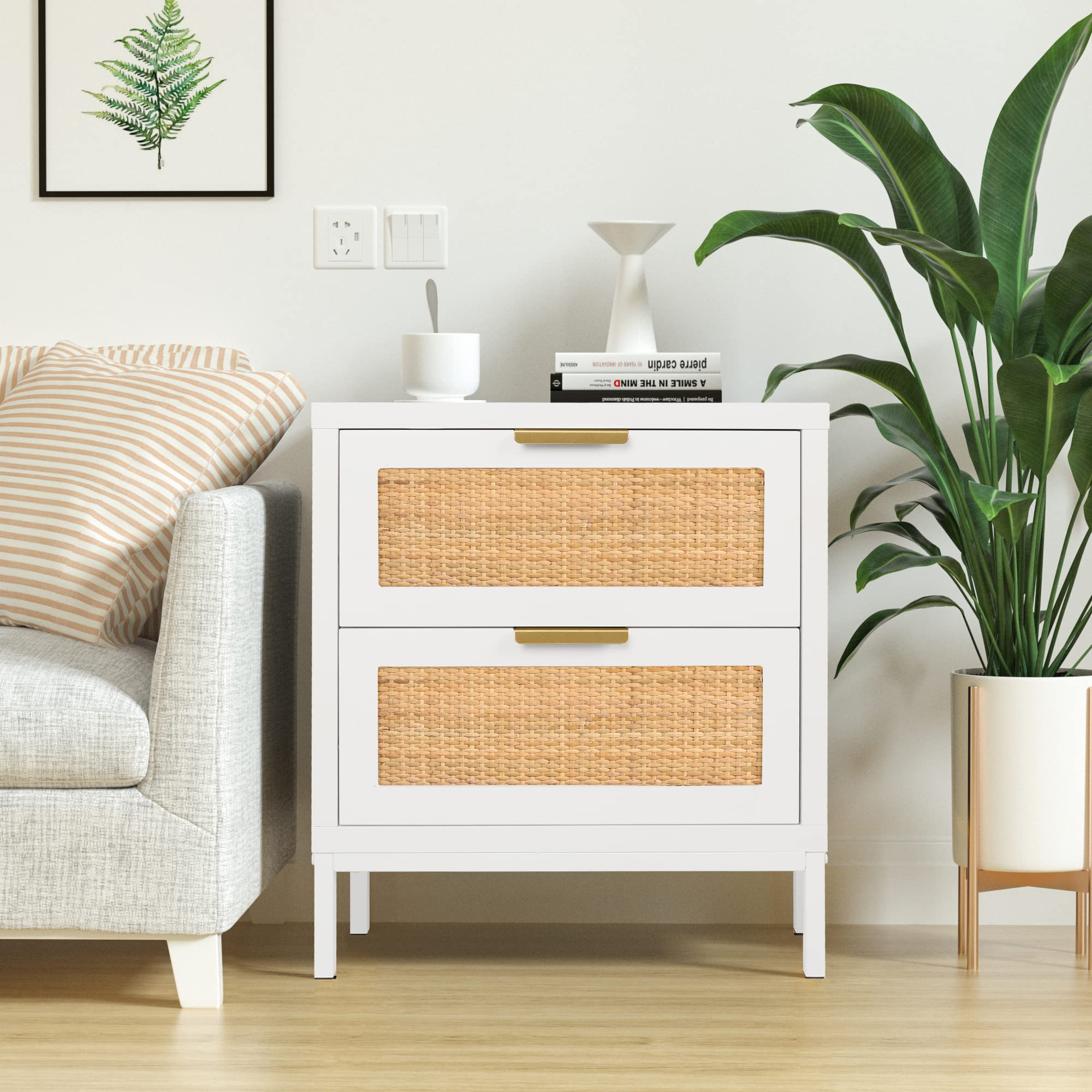 Anmytek 21" H Rattan Nightstand, Mid Century Modern Wood Bedside Table ... with Luxe woven raffia accent table brings organic texture to modern bedrooms