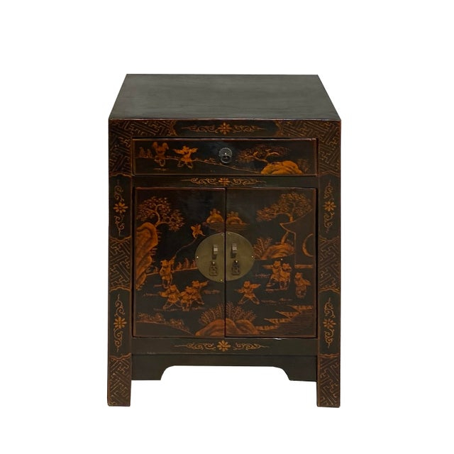 Chinese Distressed Black Copper Scenery Graphic End Table Nightstand ... inside The Artisan Craftsmanship Behind Chinese Distressed Black Yellow Scenery Graphic Furniture