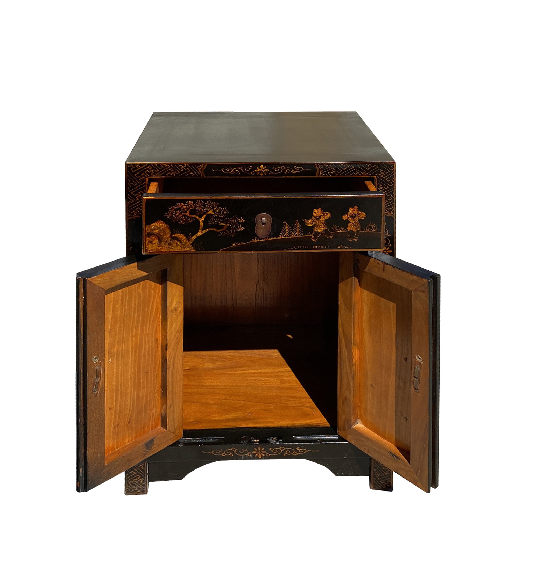 Chinese Distressed Black Copper Scenery Graphic End Table Nightstand ... intended for Chinese Distressed Black Yellow Scenery Graphic End Table Nightstand Hcs7348