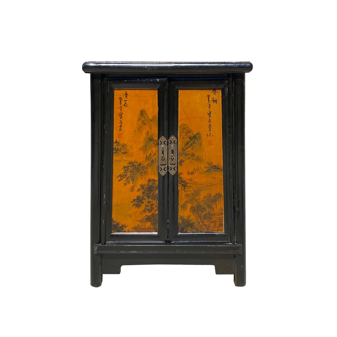 Chinese Distressed Black Yellow Scenery Graphic End Table Nightstand ... with Chinese Distressed Black Yellow Scenery Graphic End Table Nightstand Hcs7348