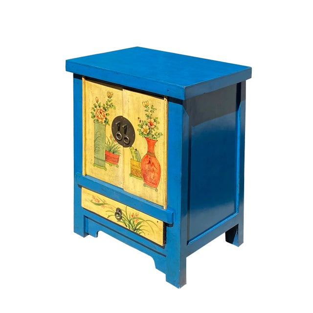Chinese Rustic Bright Blue Yellow Graphic End Table Nightstand | Chairish within Modern Living with Timeless Chinese Rustic Aesthetics