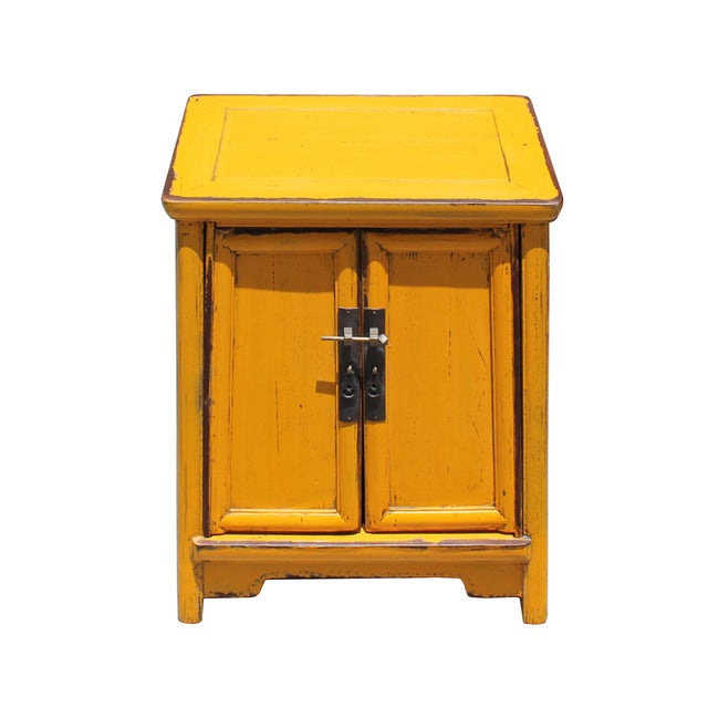 Chinese Rustic Distressed Yellow A Shape End Table Nightstand | Chairish for Chinese Rustic Bright Blue Yellow Graphic End Table Nightstand Hcs7421