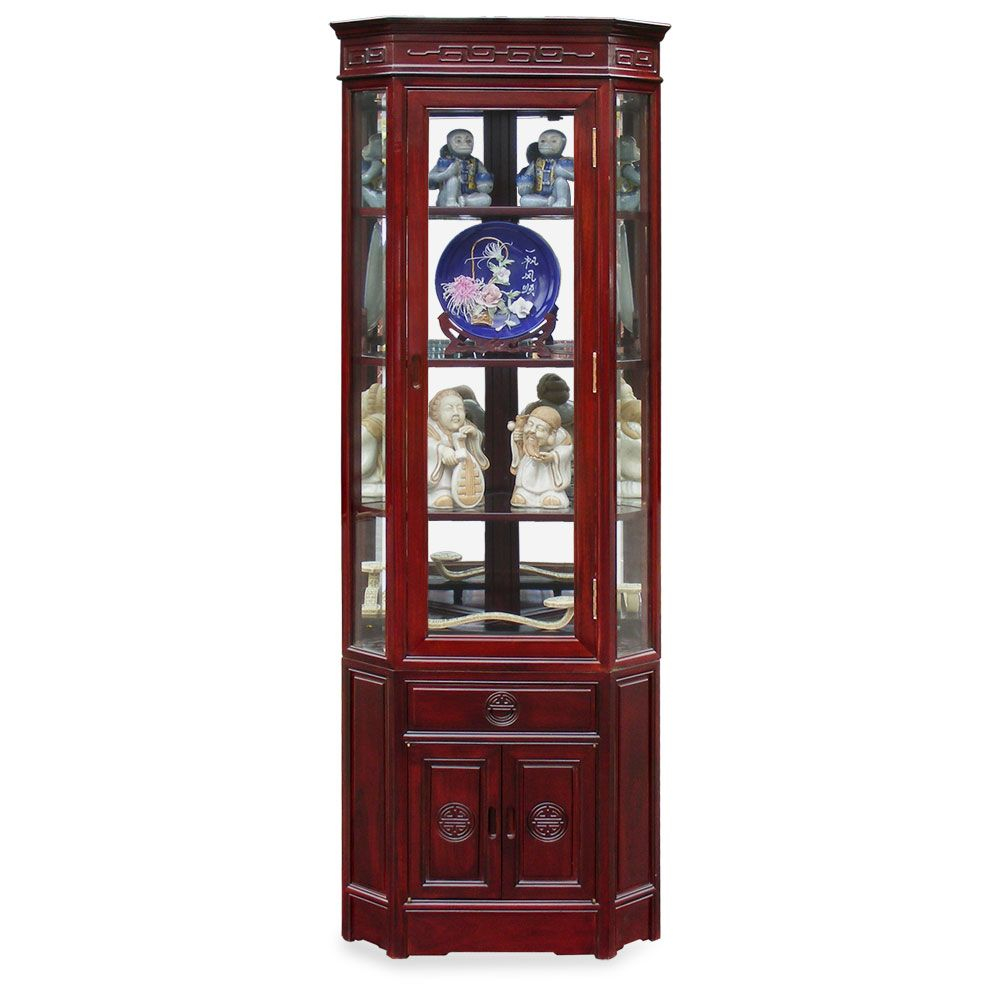 Dark Cherry Rosewood Chinese Longevity Corner Display Cabinet | Display ... inside Rosewood Longevity Motif Corner Cabinet