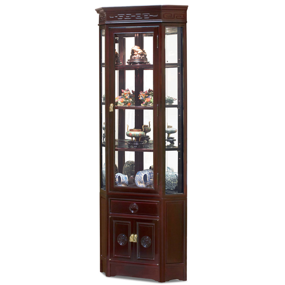 Dark Cherry Rosewood Corner Display Cabinet for How Rosewood Longevity Motif Cabinets Enhance Home Aesthetics and Durability