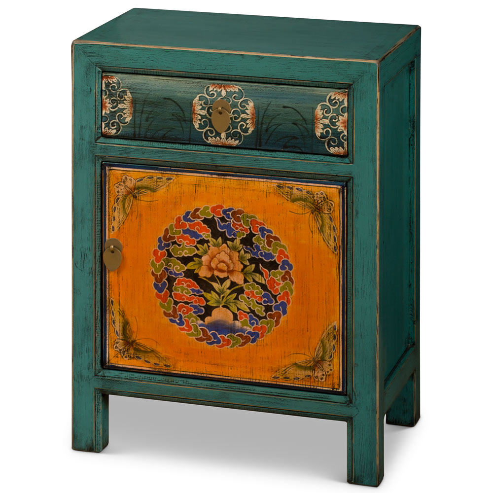 Distressed Blue Tibetan Nightstand Cabinet inside Comparing Traditional and Contemporary Designs in Tibetan Floral Furniture