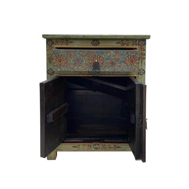 Distressed Pastel Green Turquoise Tibetan Floral End Table Nightstand ... inside Distressed Teal Blue Green Tibetan Floral End Table Nightstand Cabinet Hcs7621