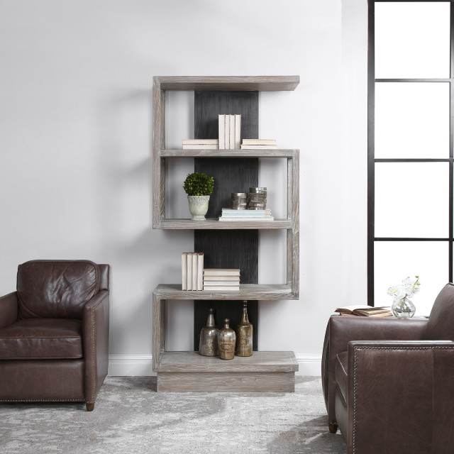 Dramatic Staggered Shelf Modern Etagere Open Black Gray Wood S Shape ... within Dramatic Staggered Shelf Modern Etagere Open Black Gray Wood S Shape Book Shelf