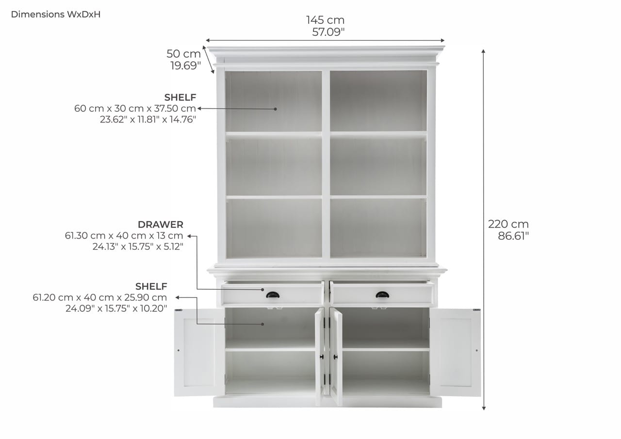 Halifax Buffet Hutch Unit With 6 Shelves, Classic White At Futonland within Classic White Buffet Hutch Unit