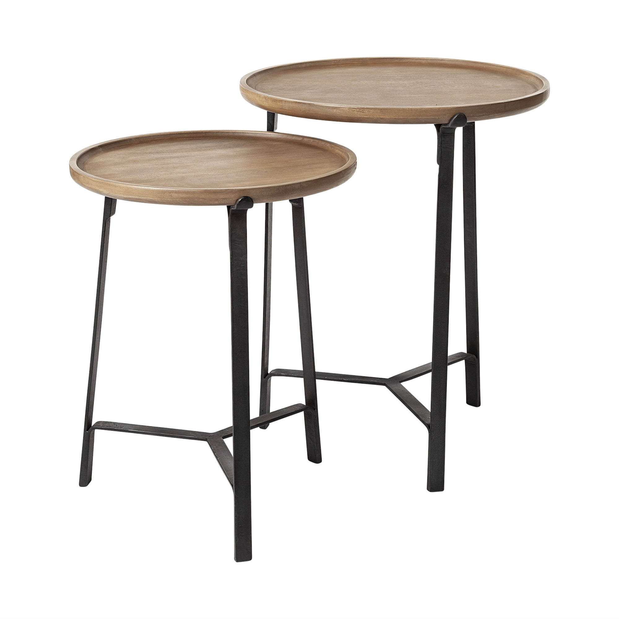 Homeroots 380667 Round Solid Wood Iron Base Nesting Side Tables, Brown ... for Remy Solid Wood And Iron Modern Pedestal Accent Tables (Set Of 2)