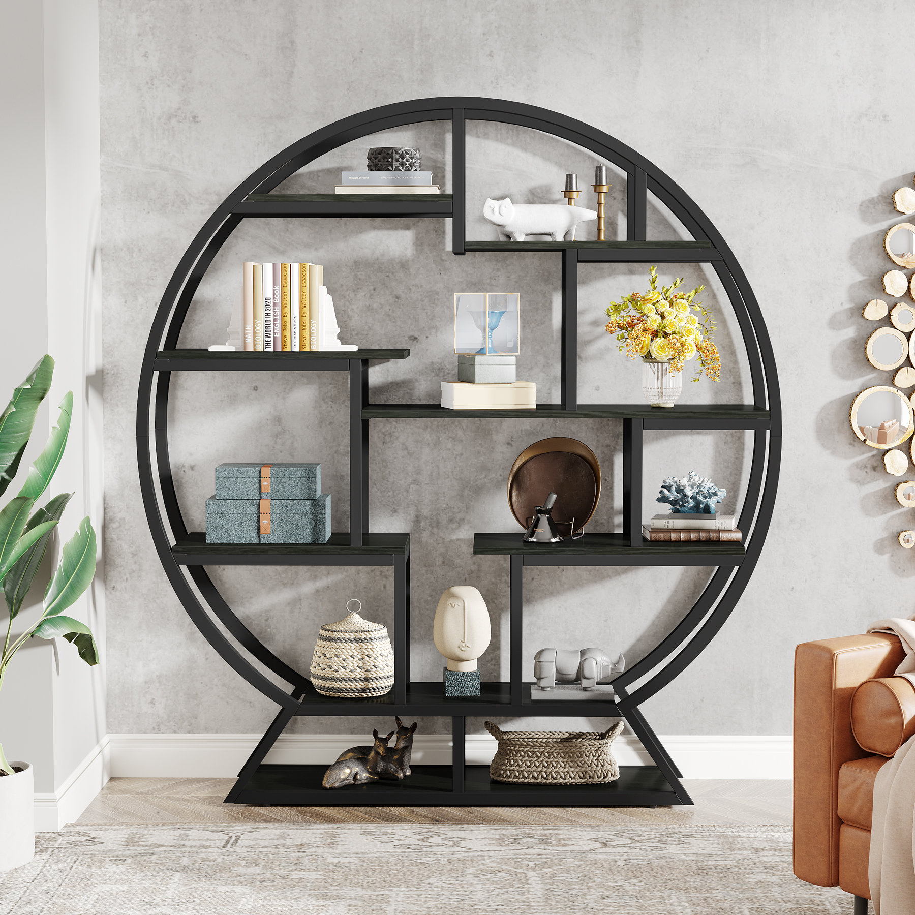 Latitude Run® 63'' Modern Bookshelf, Round Bookshelves Etagere Bookcase ... with Balancing Form and Function in Modern Black Gray Wood Storage