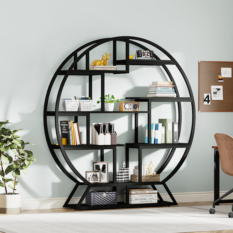 Latitude Run® 63'' Modern Bookshelf, Round Bookshelves Etagere Bookcase ... within Dramatic Staggered Shelf Modern Etagere Open Black Gray Wood S Shape Book Shelf