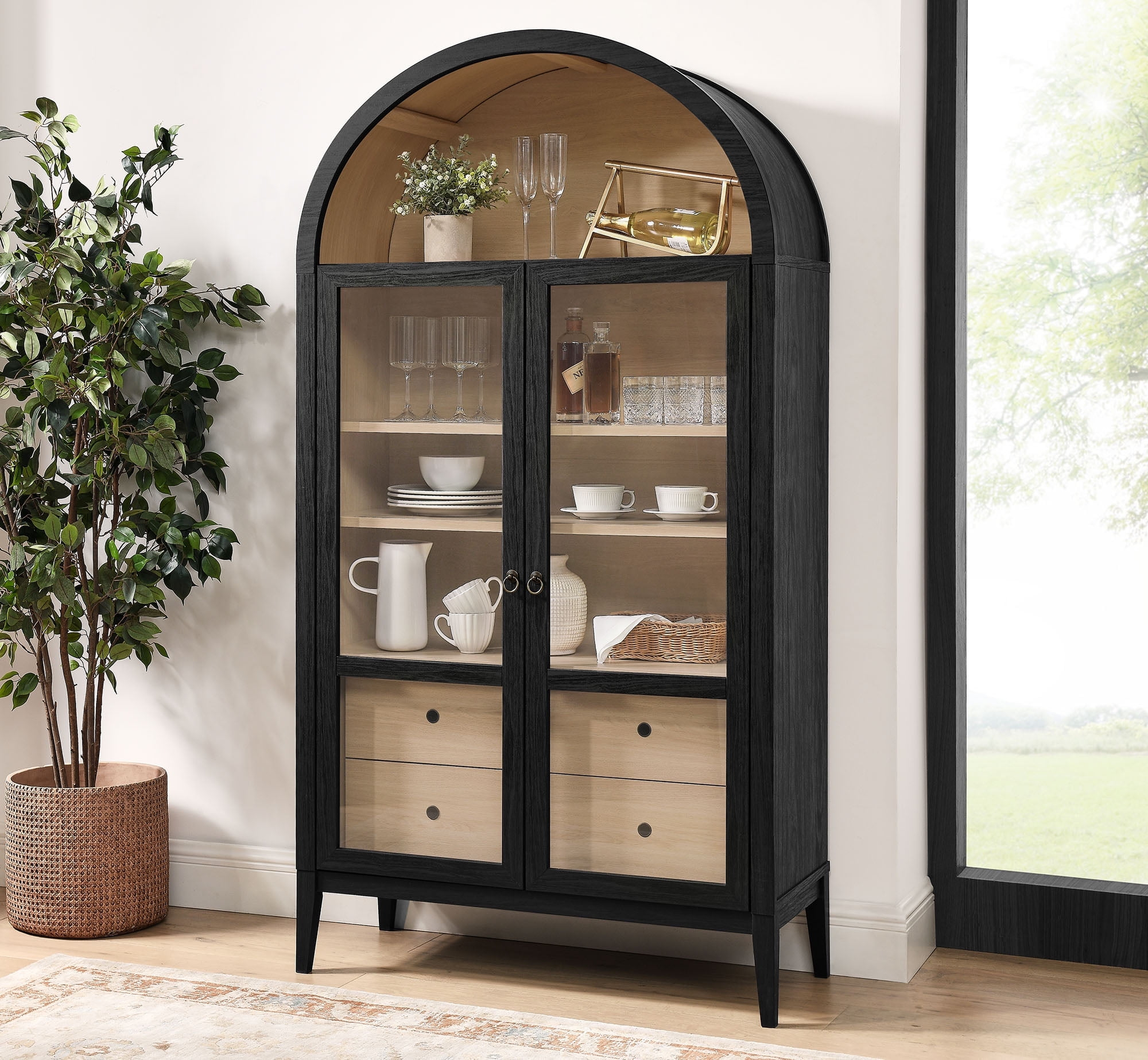 Modway Nolan 74" Tall Arched Storage Display Cabinet In Black Oak ... with regard to Rustic Display Cabinet, Black