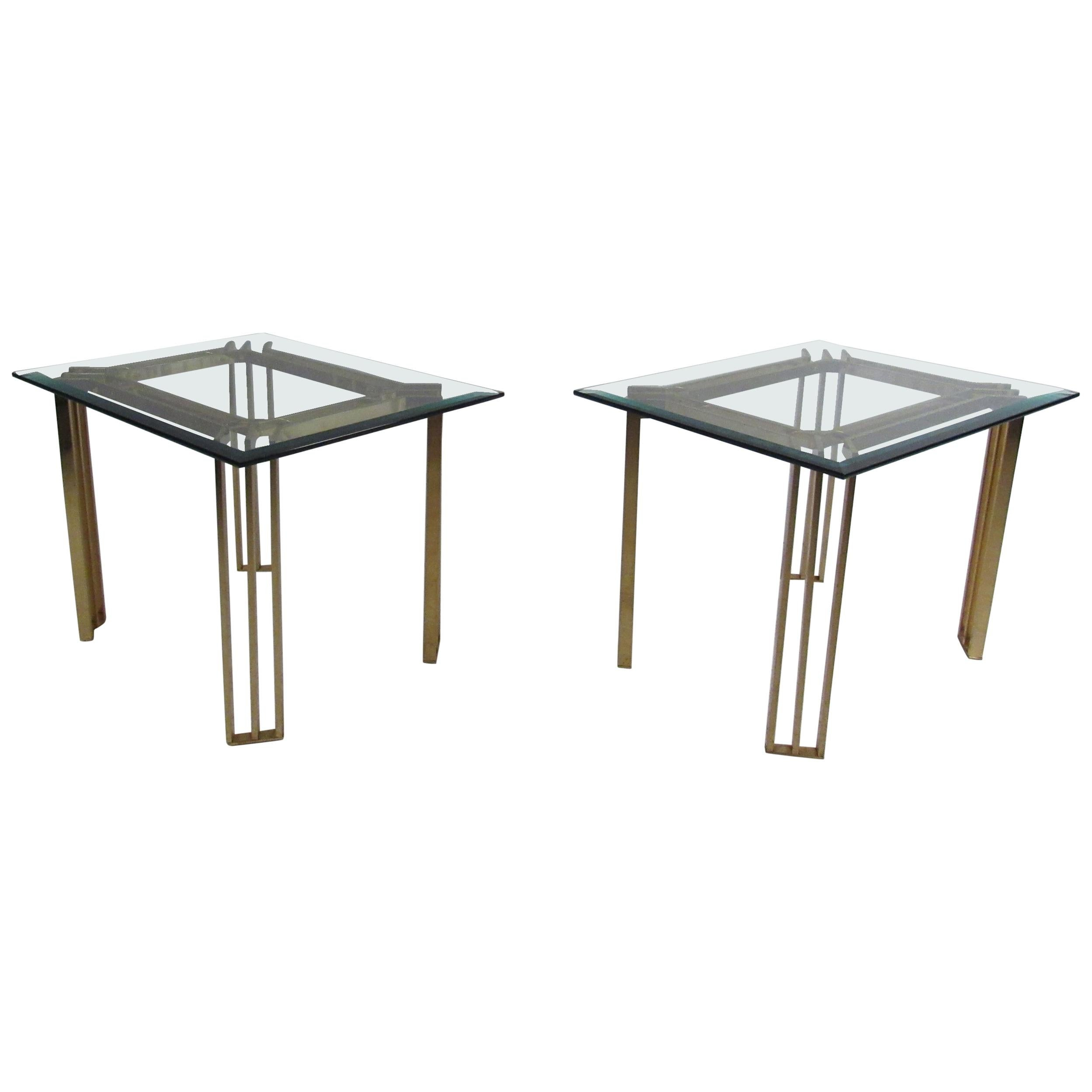 Pair Of Modern Glass Top Pedestal Tables For Sale At 1Stdibs for Set Of 2 Square Minimalist Ice Blue Glass Top Accent Tables Pedestal Modern