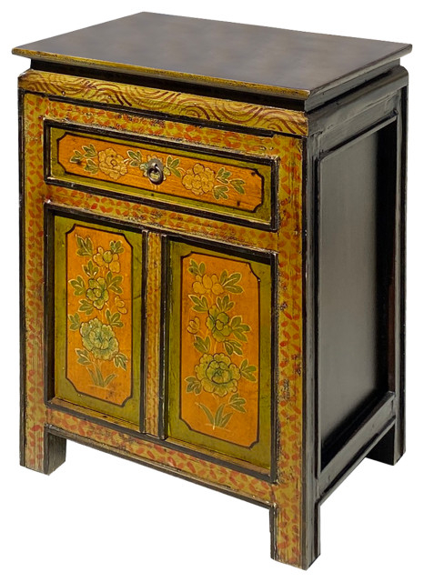 Rustic Olive Green Mustard Yellow Floral Graphic End Table Nightstand ... intended for Modern Living with Timeless Chinese Rustic Aesthetics
