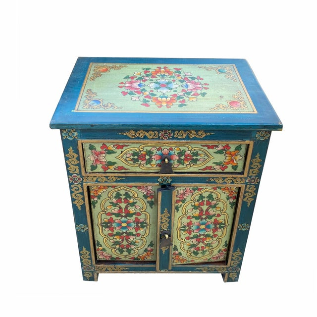 Teal Blue Light Green Tibetan Style Floral End Table Nightstand | Chairish in Distressed Teal Blue Green Tibetan Floral End Table Nightstand Cabinet Hcs7621