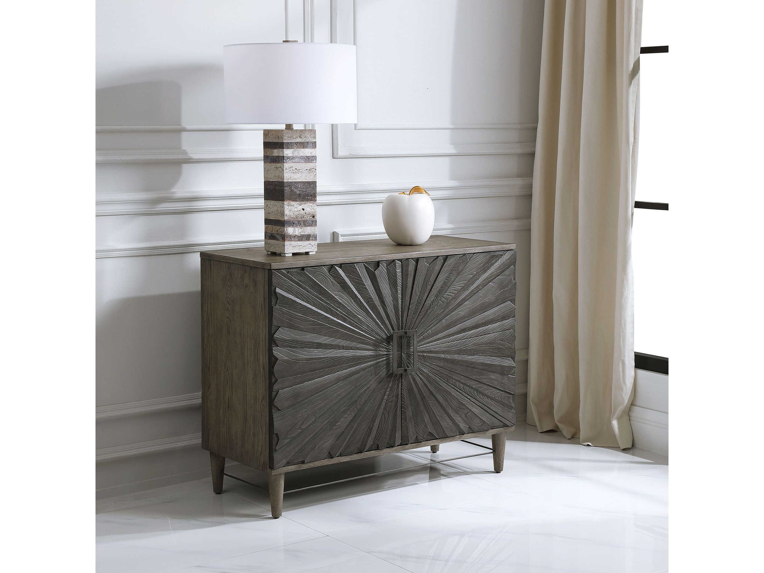 Uttermost Shield Dark Ebony Oak Brown Wood Accent Chest | Ut25085 regarding Uttermost 25085 Shield 40"W 4 Shelf Solid Wood Accent Cabinet - Ebony / Gray