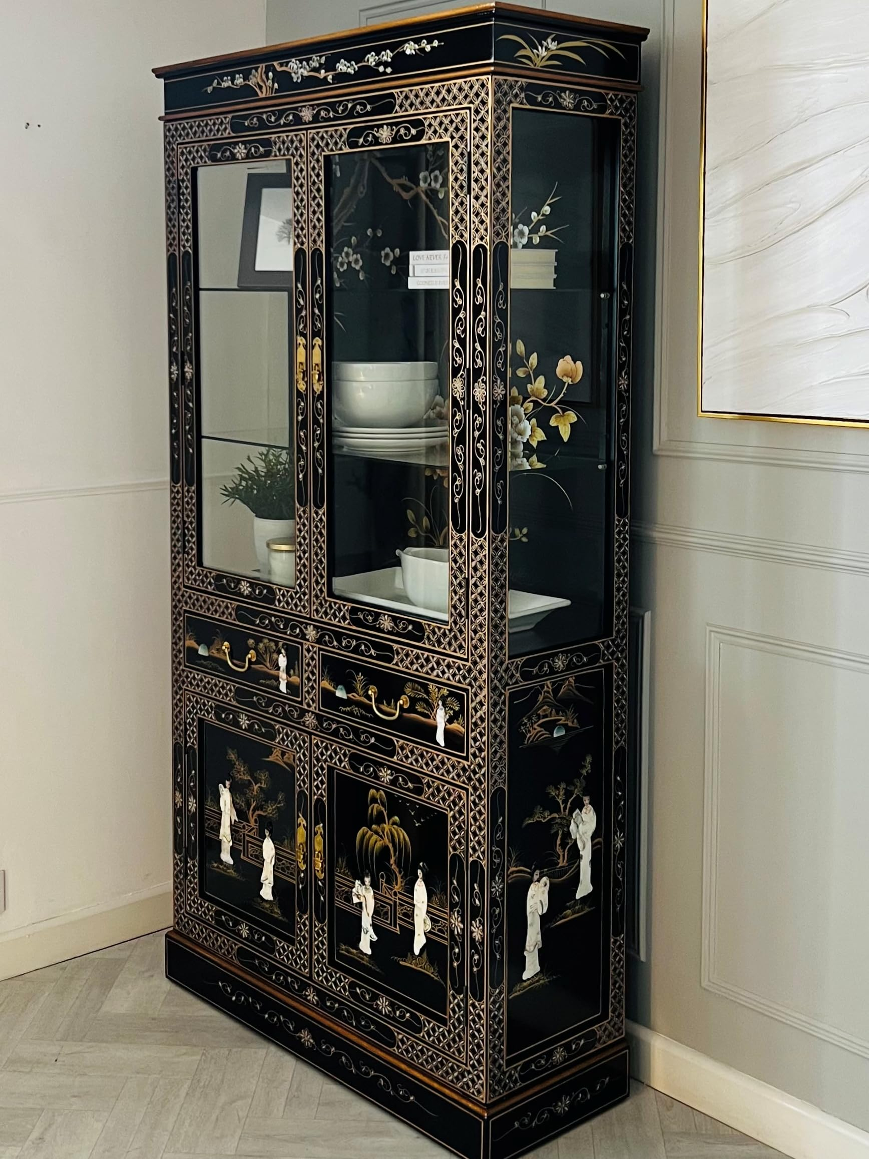 Black Lacquer China Pre Owned & Refurbished Chinoiserie Chinese with regard to Black Lacquer China Cabinet Royal Ladies
