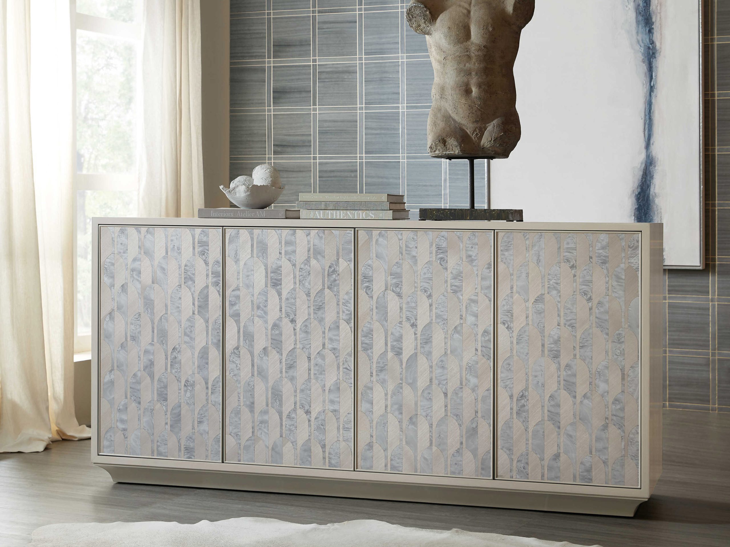 Hooker Furniture Melange Emile 78" Gray Burlwood Sideboard | Hoo6288569895 throughout Hooker Furniture 628-85698 Melange 78"W Wood Accent Cabinet - Silver / Gray