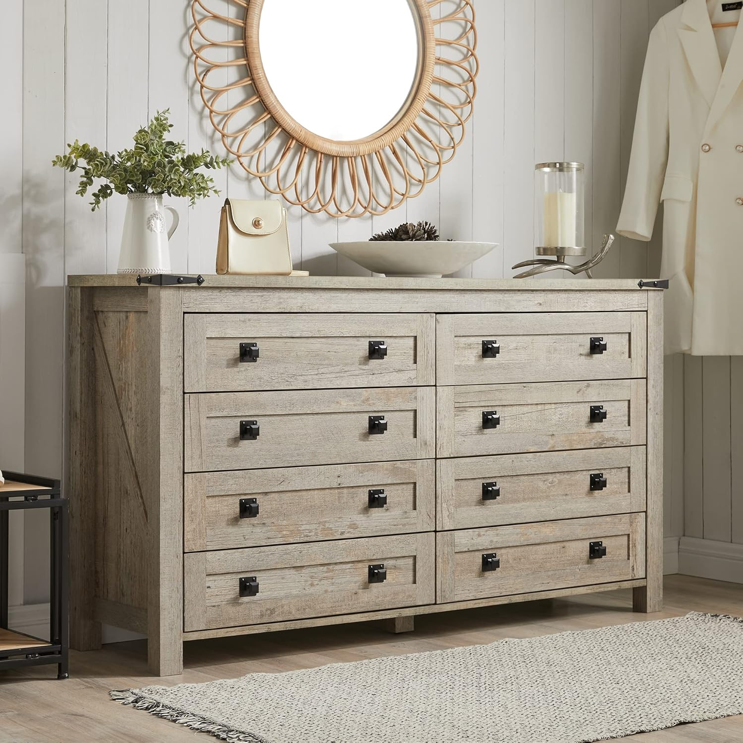Amazon.com: T4Tream Farmhouse 8 Drawers Dresser Chests For Bedroom ... throughout Roseto Hmif23849 Ardene 42"W Wood Leather Chest - Natural Honey / Cream