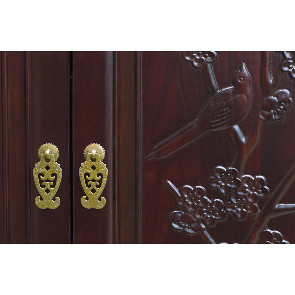 Dark Cherry Elmwood Bird And Flower Motif Asian Armoire inside Dark Cherry Elmwood Flower And Bird Design Oriental Curio Cabinet