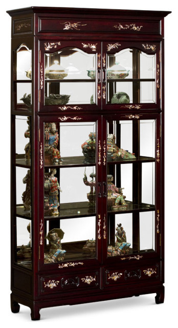 Dark Cherry Rosewood Oriental Curio Cabinet With Mother Of Pearl Inlay ... intended for Dark Cherry Elmwood Flower And Bird Design Oriental Curio Cabinet