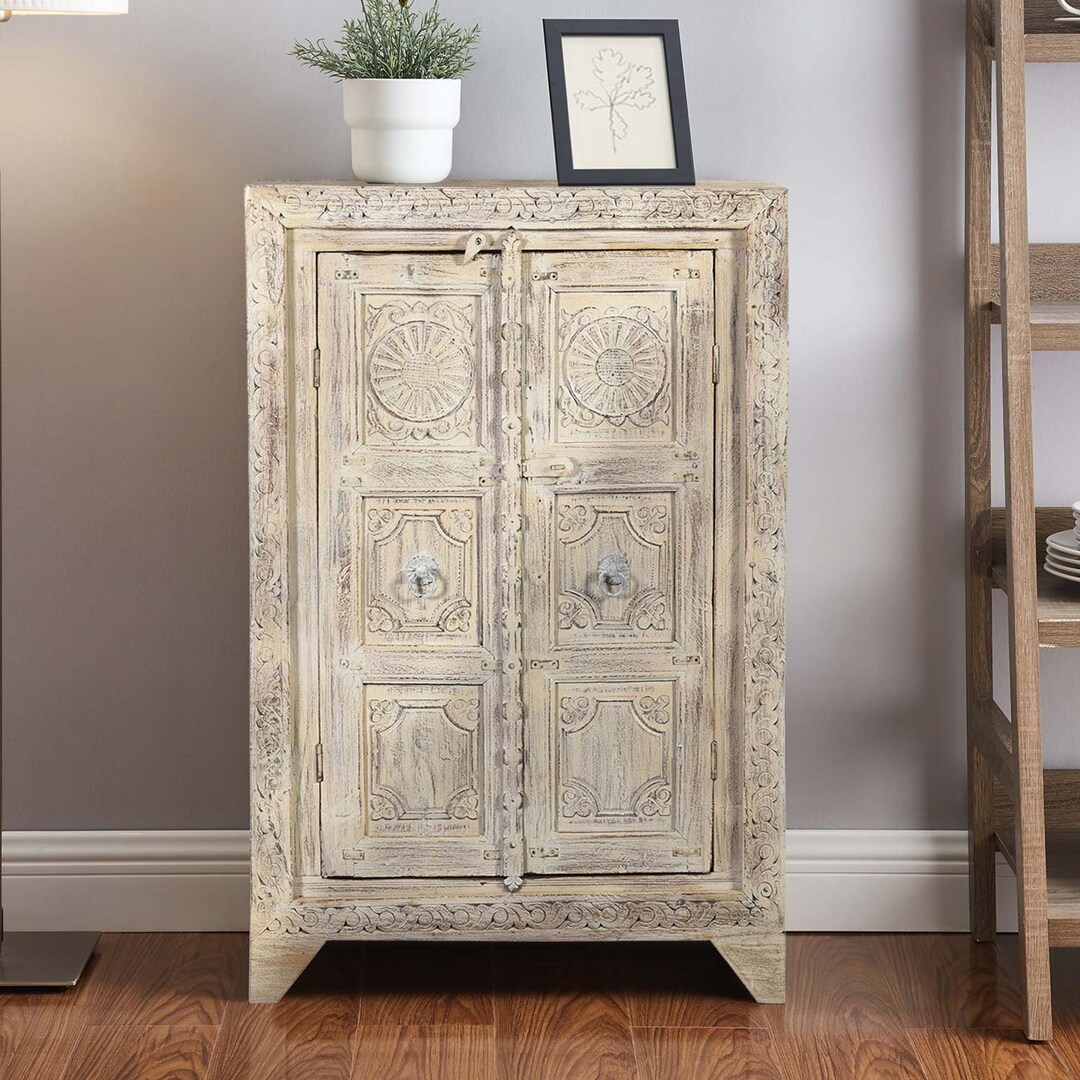 Farmhouse Style Distressed White 2 Door Carved Cabinet | Boho Chic ... with regard to Color Psychology Behind Gray Finishes in Home Furnishings