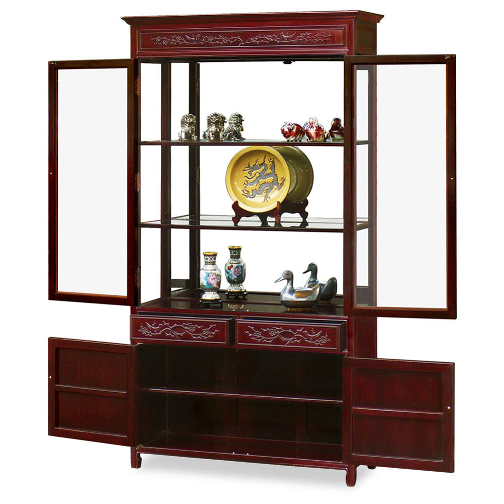 Rosewood Flower & Bird China Cabinet for Dark Cherry Elmwood Flower And Bird Design Oriental Curio Cabinet