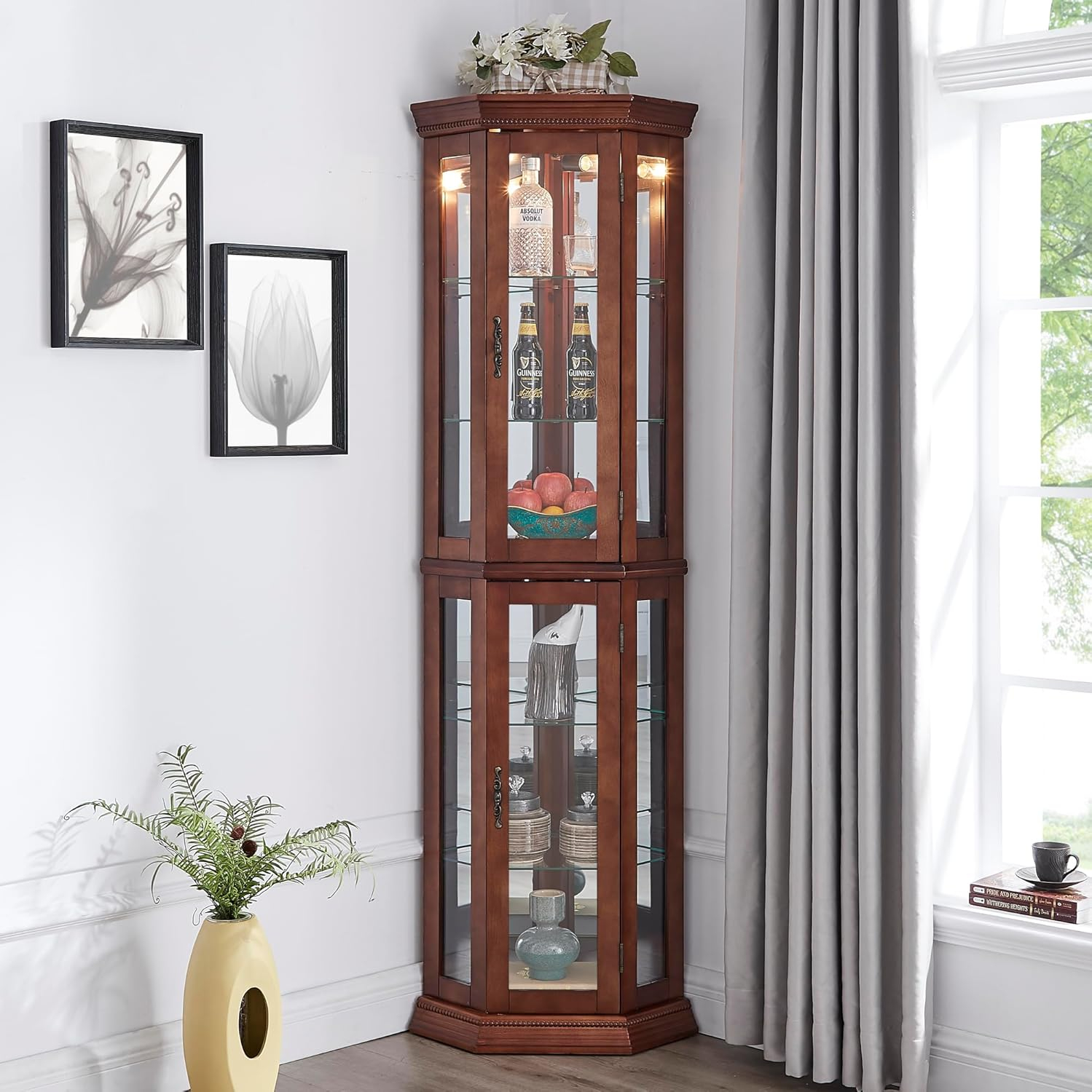 Amazon.com: Kuvadaz Lighted Corner Curio Display Cabinet With Tempered ... inside Diane Lighted Corner Curio Cabinet