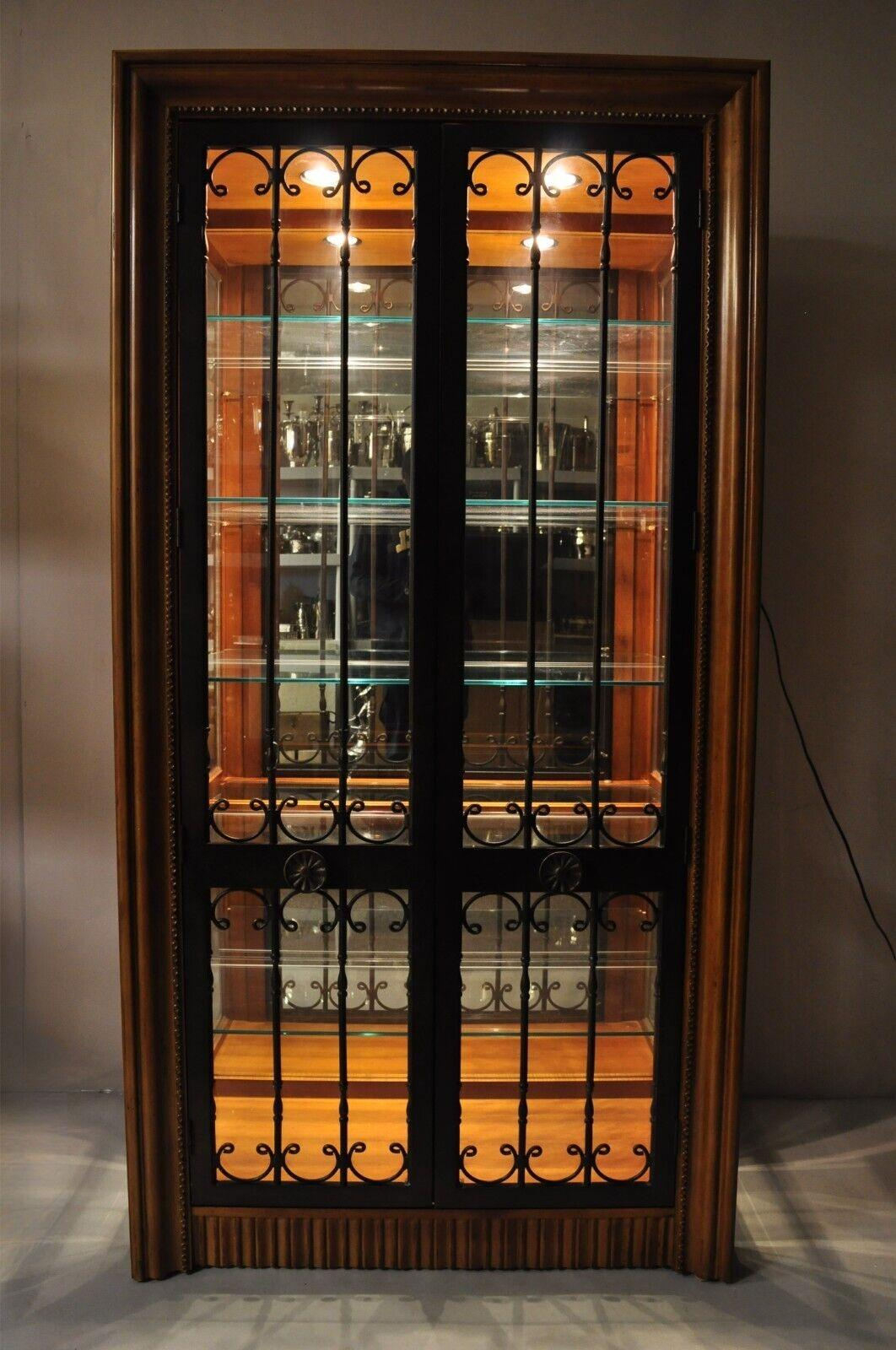 Bernhardt 354-356 Modern Cherry And Iron Door Lighted Curio China ... with Infinity Lighted Two Door Curio China Cabinet