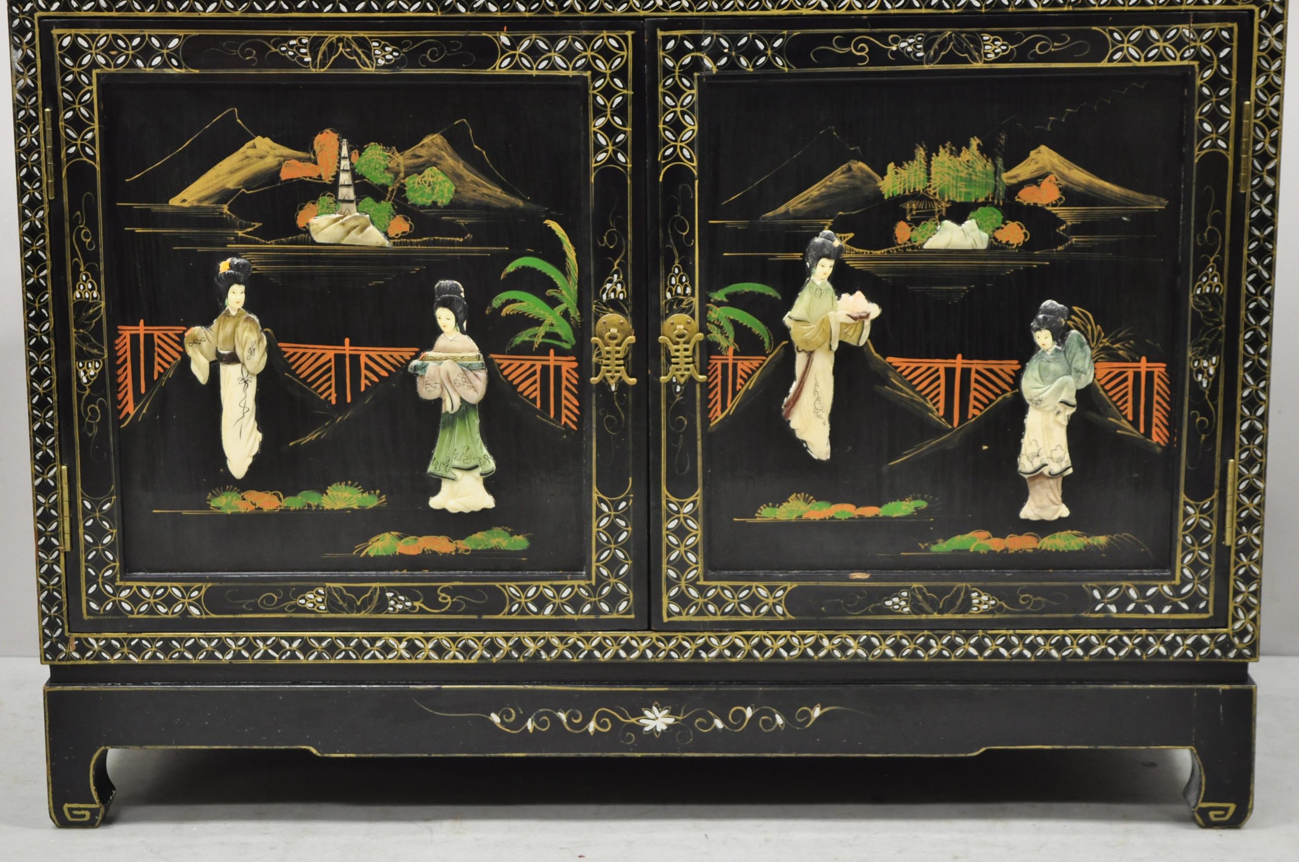 Black Lacquer Oriental Chinese Export Carved Soapstone Figural Buffet ... with regard to Oriental China Cabinet, Black Lacquered Body