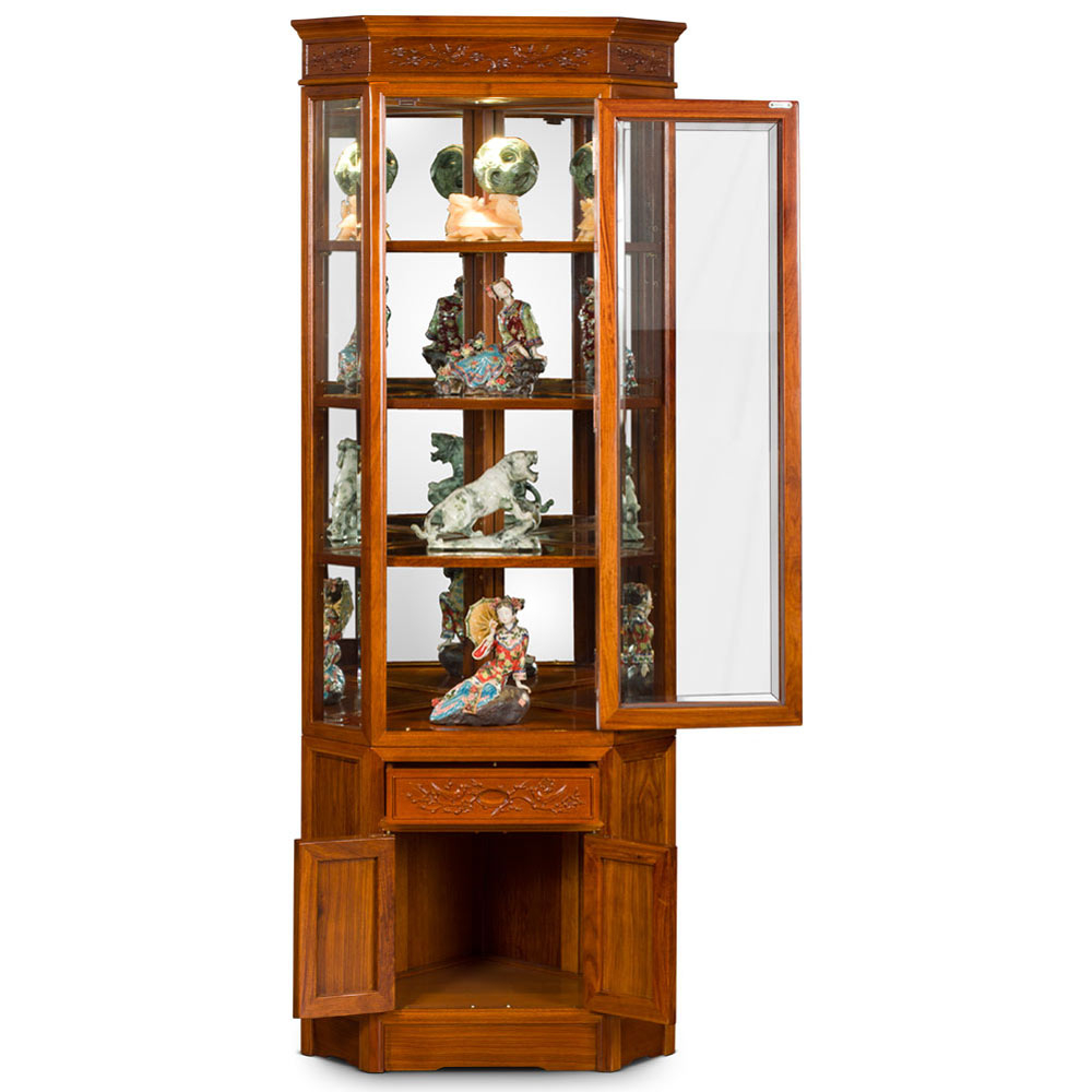 Natural Rosewood Bird And Flower Corner Display Cabinet for Rosewood Longevity Motif Corner Cabinet, Natural