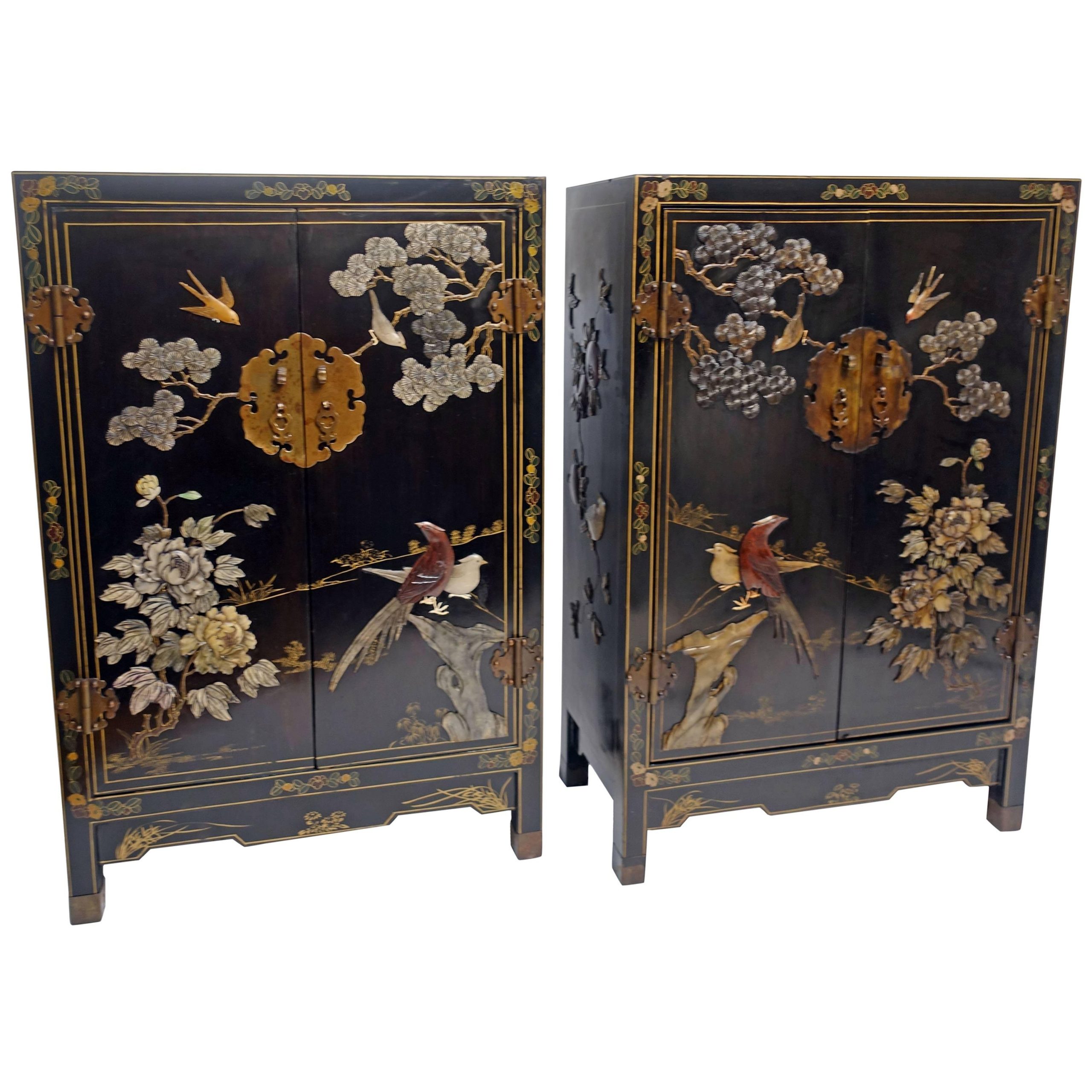Pair Of Chinese Black Lacquer Cabinets With Hardstone Inlay At 1Stdibs ... intended for Oriental China Cabinet, Black Lacquered Body